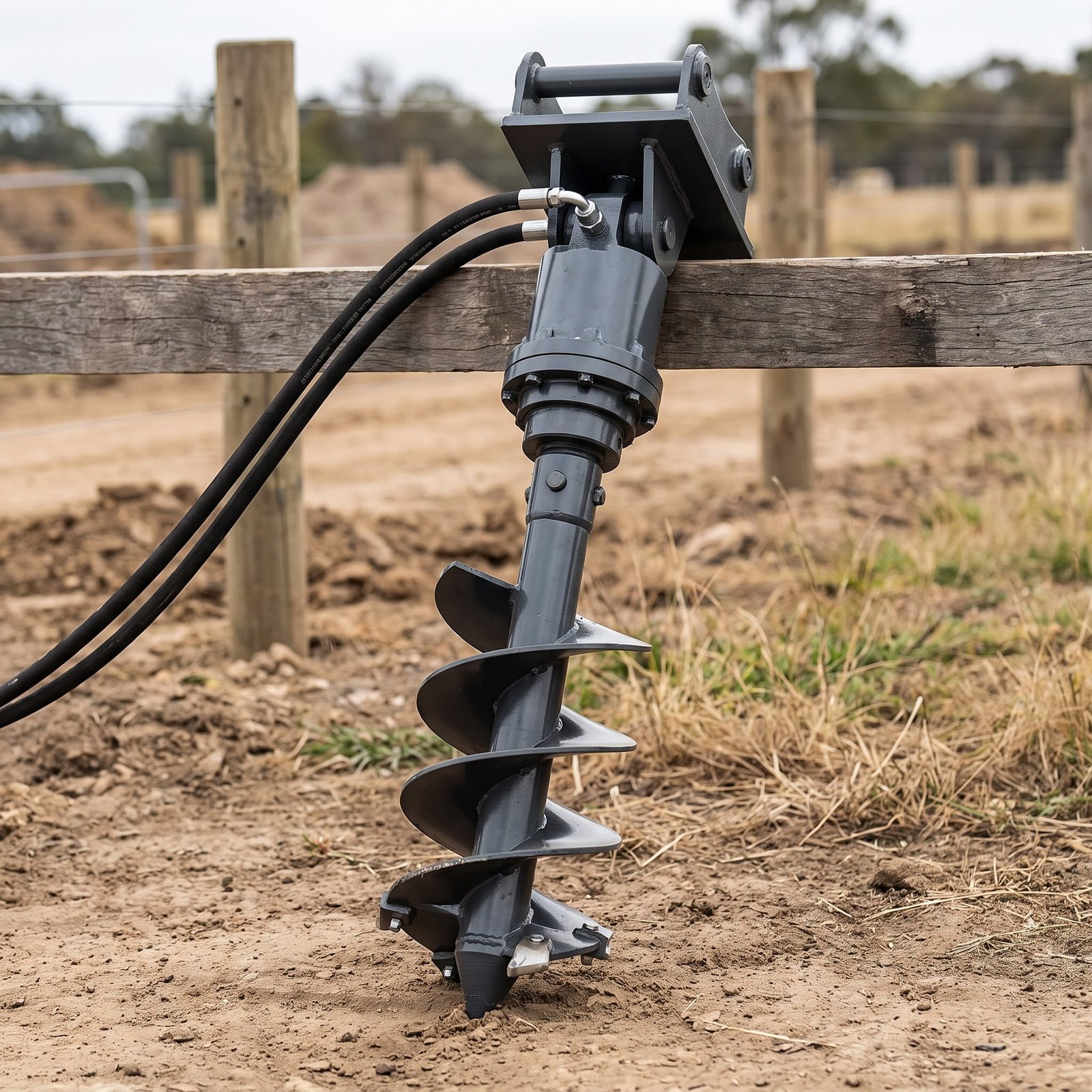nestiques-auger-drive-12-inch-hero.jpg Hydraulic auger drive with a 12 inch spiral bit standing upright at a fencing site