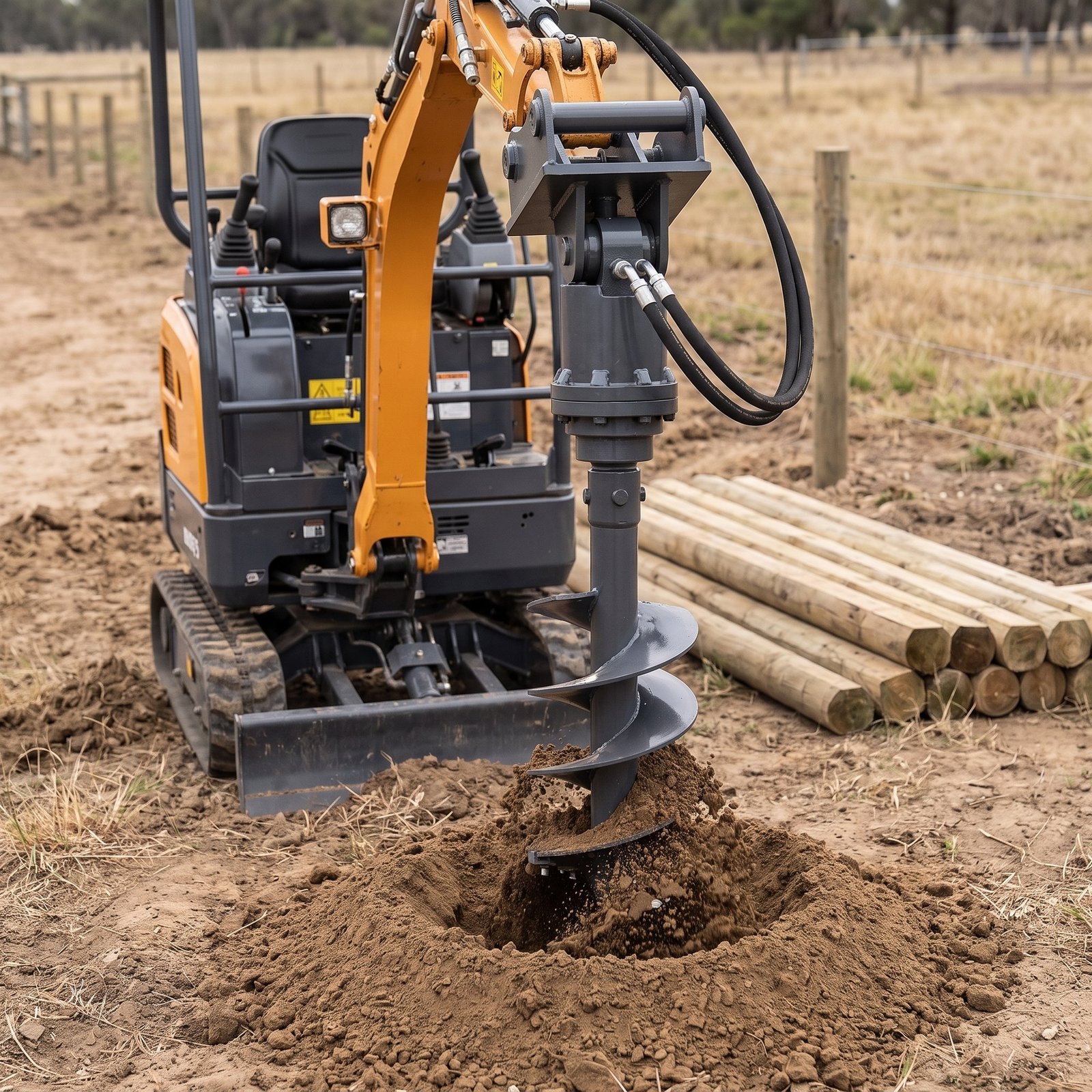 nestiques-auger-drive-12-inch-mounted.jpg Auger drive mounted on a mini excavator boring a fence post hole