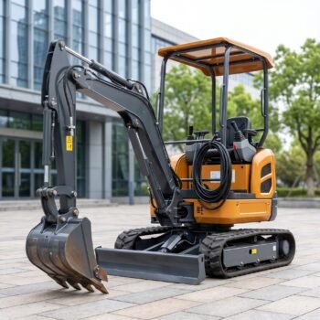 MX-10E battery-electric mini excavator parked on a paved courtyard with its charging cable coiled on the deck