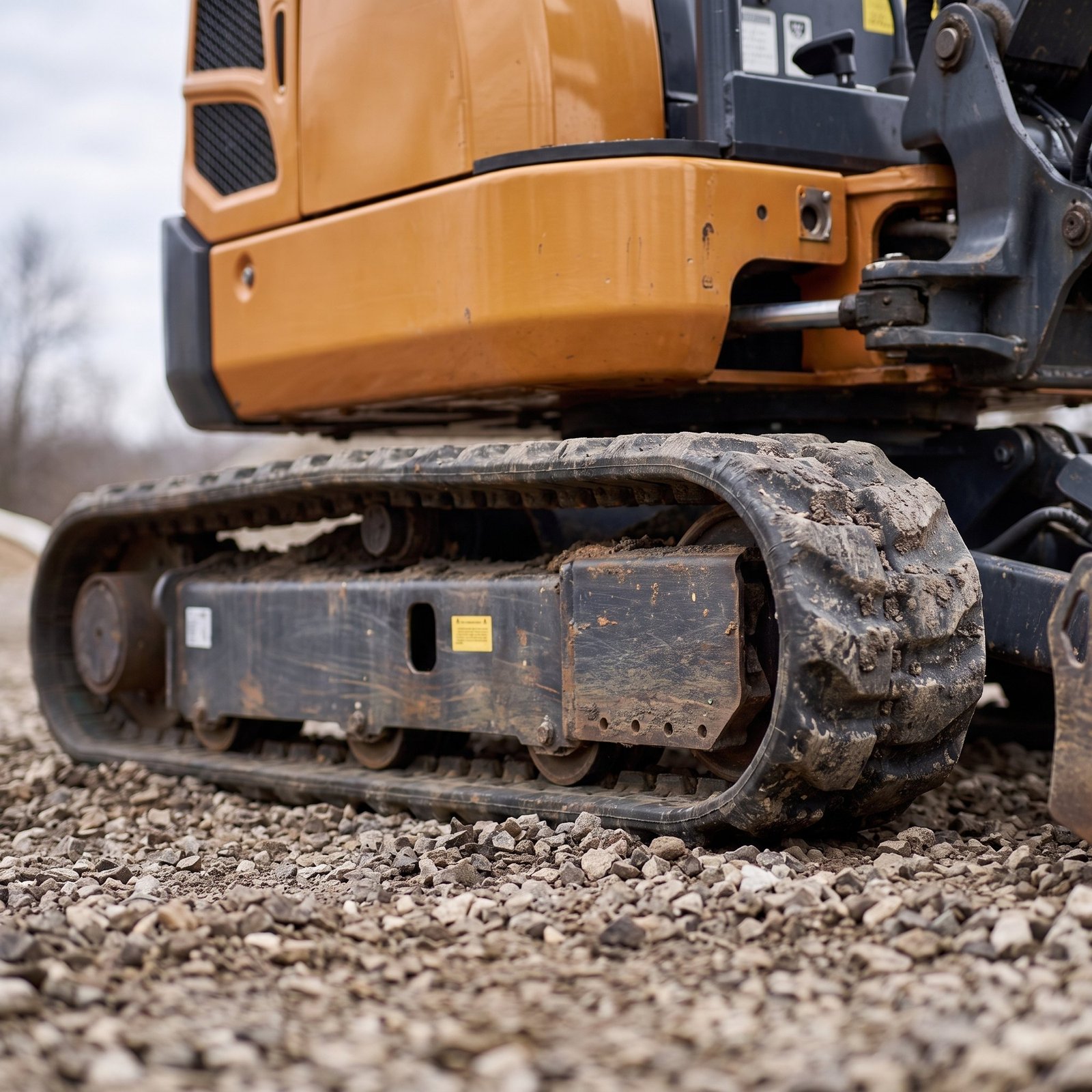 nestiques-mx17-mini-excavator-track-detail.jpg Close-up of the MX-17 rubber track, idler wheel and track rollers