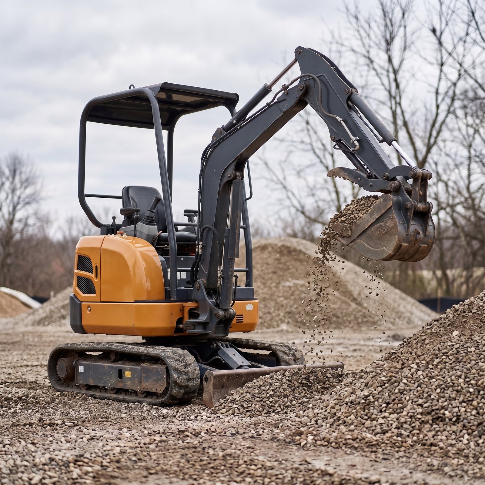 nestiques-mx17-mini-excavator-working.jpg MX-17 mini excavator lifting a full bucket of gravel from a stockpile