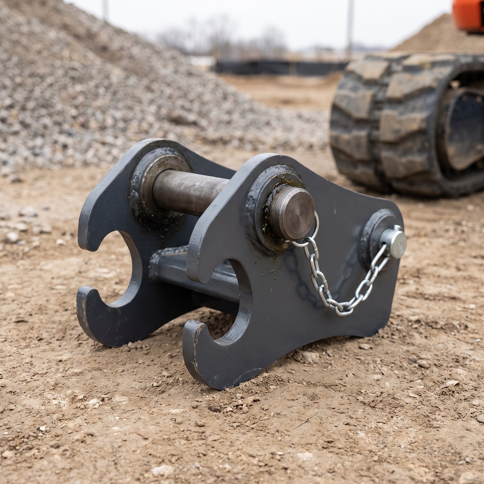 nestiques-quick-coupler-hero.jpg Manual pin-grabber quick coupler for a mini excavator standing on packed dirt