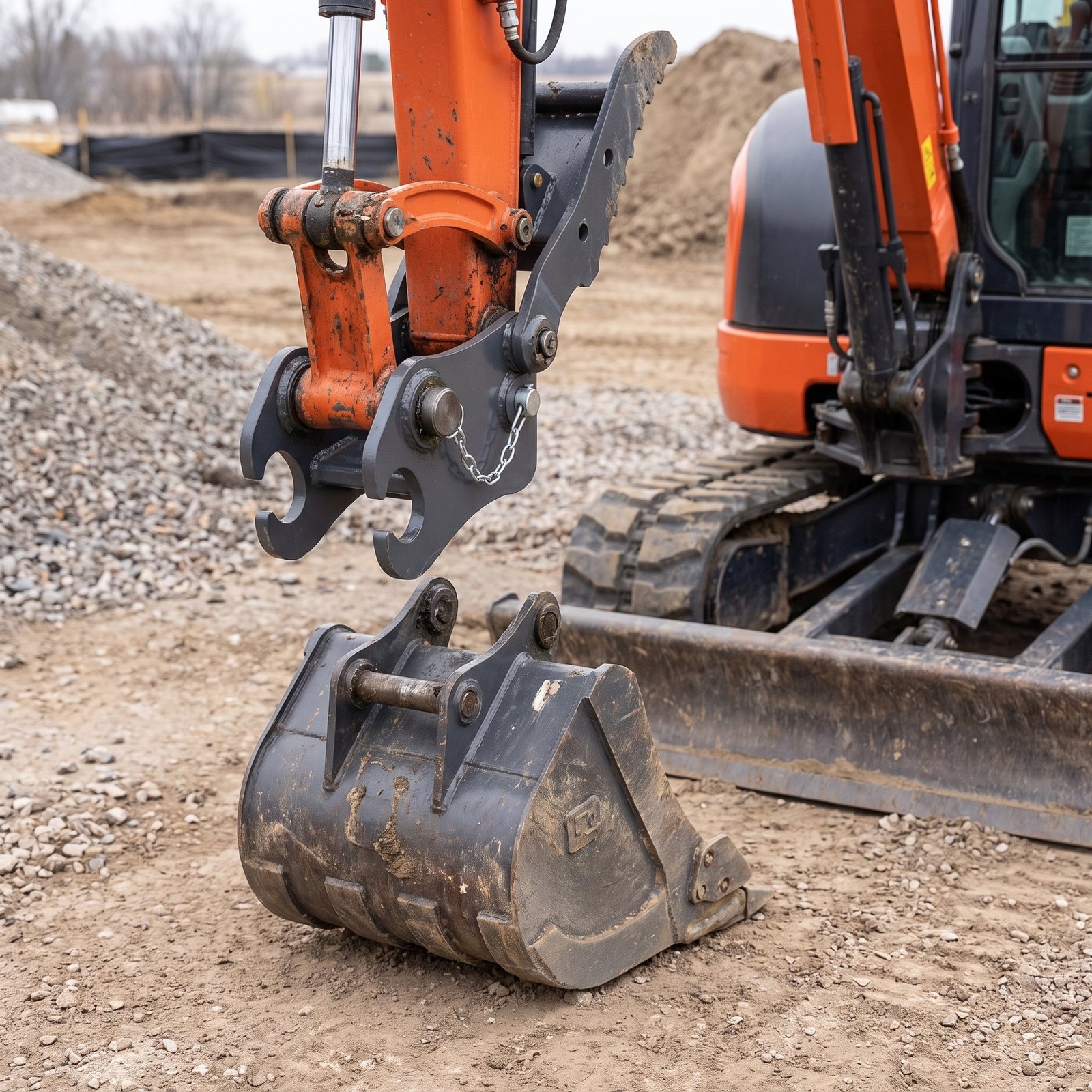 nestiques-quick-coupler-mounted.jpg Quick coupler mounted on a mini excavator arm lined up above a digging bucket